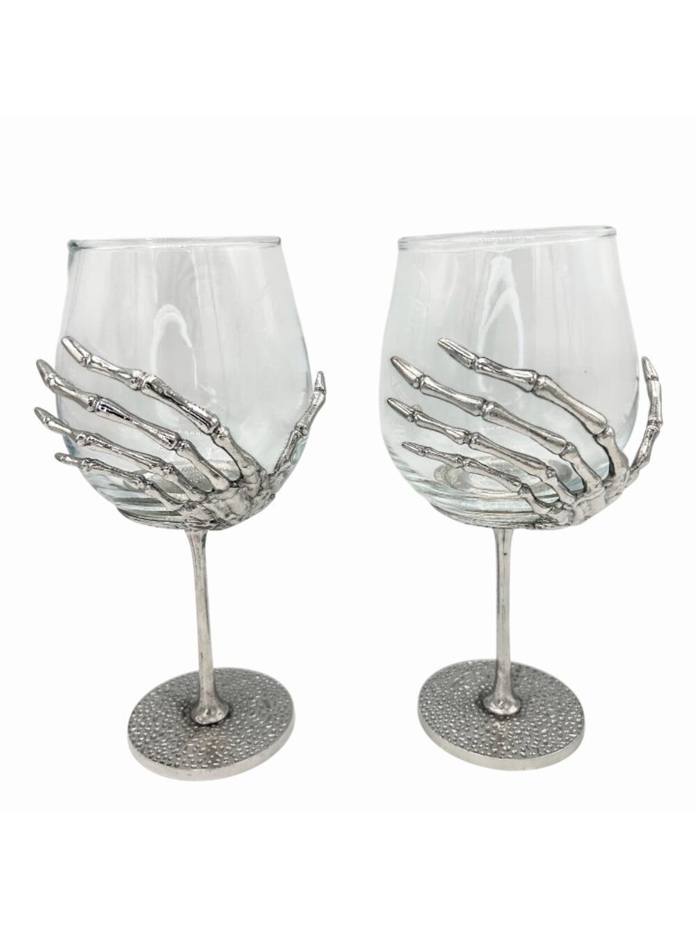 NWT SET OF 2 SKELETON HAND DIMPLED SILVER METAL HALLOWEEN GOTHIC WINE GLASSES